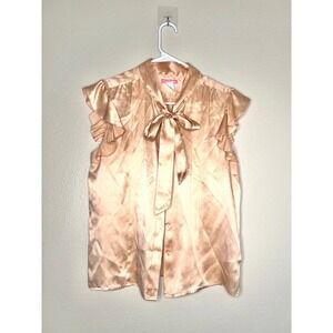 Pixie‎ Hopkins Silk Polka Dot Bow Blouse Top XL Ruffle Sleeve Peach